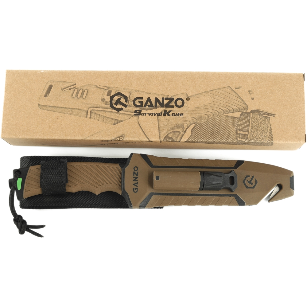 Нож Ganzo G8012V2-BK коричневый с паракордом и кресалом. Углеродистая сталь 8
