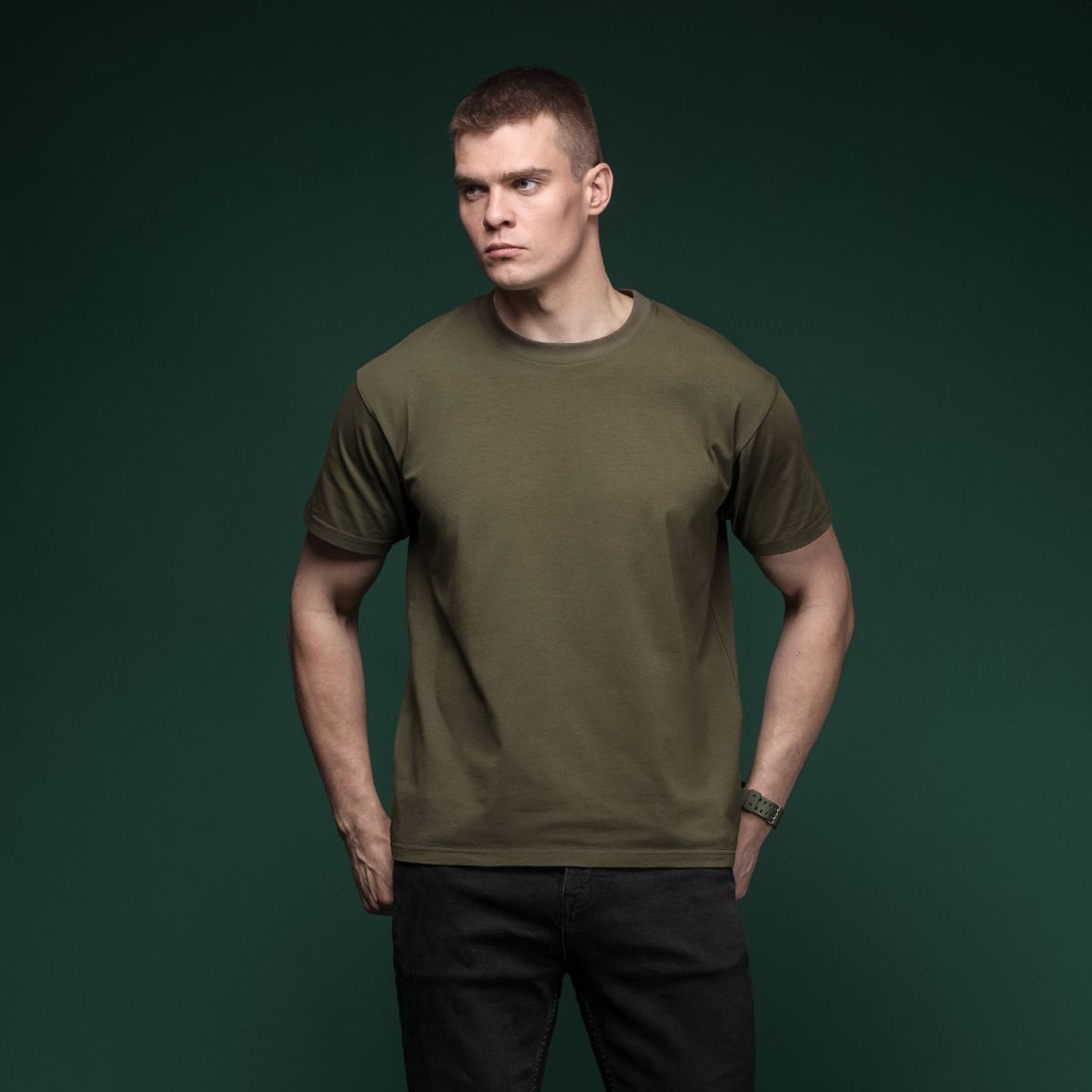 Комплект футболок Basic Military T-shirt без логотипа. Cotton/Elastane, олива - черный 2