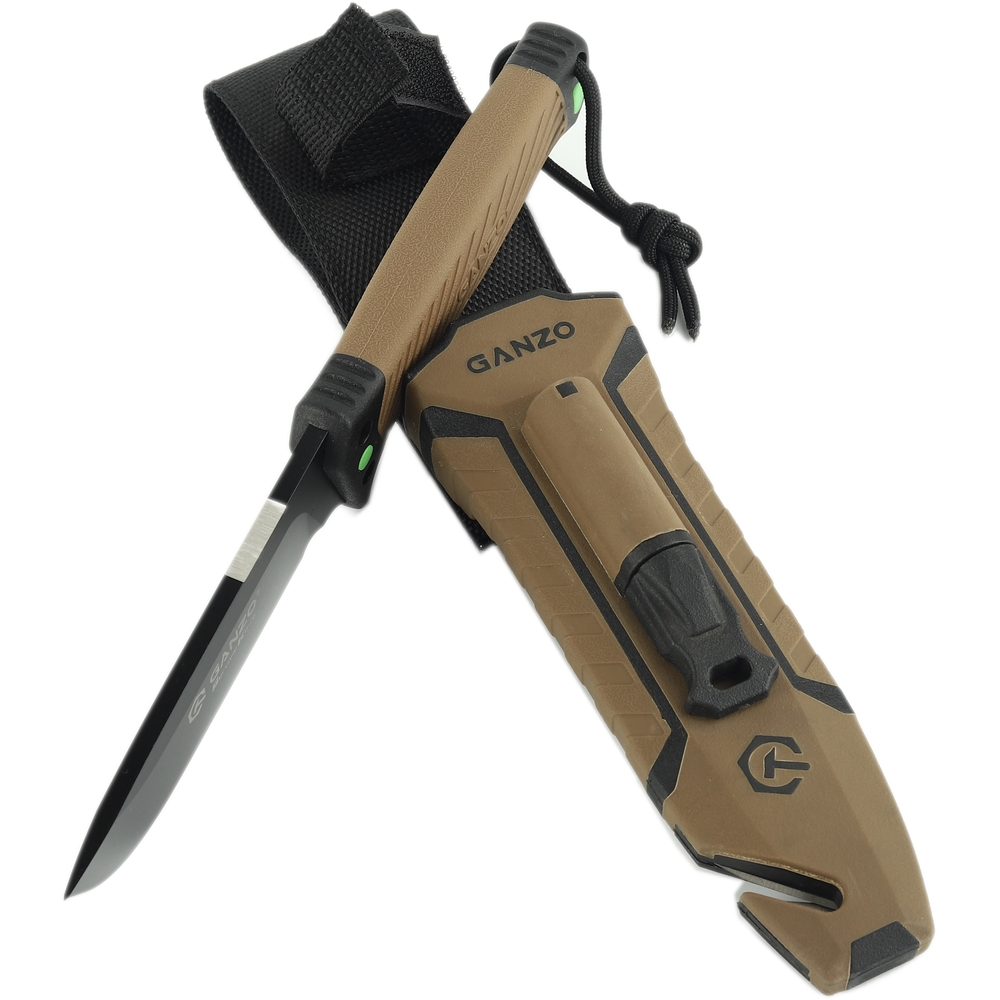 Нож Ganzo G8012V2-BK коричневый с паракордом и кресалом. Углеродистая сталь 2