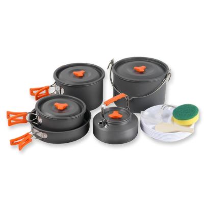 Zestaw naczyń turystycznych (2 garnki z pokrywką, kociołek, patelnia, czajnik, 6 talerzy, łyżka, chochelka i gąbka) BRS-157, aluminium