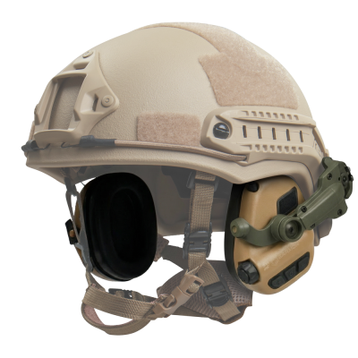 Активні навушники Earmor M31 Plus з наголів’ям та кріпленням на шолом. Койот